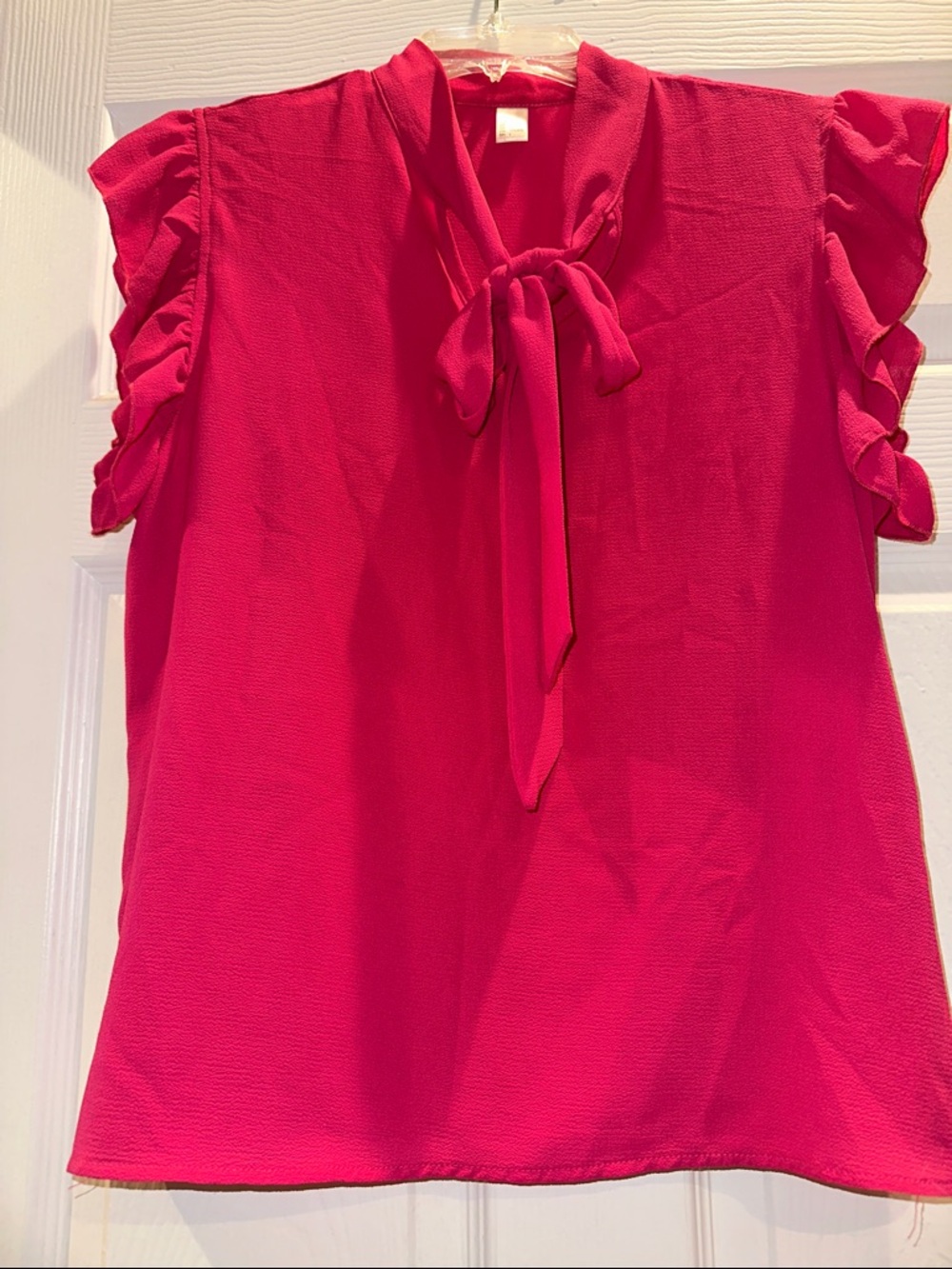 JCPenney Hot Pink Tie-Neck Ruffle Sleeve Blouse Ladies Large